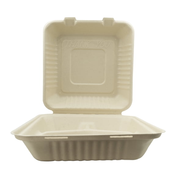 9x9x3 Compostable 3 compartment Fiber Molded/Bagasse Take out Container, Hinged, Unbleached, 200 CT