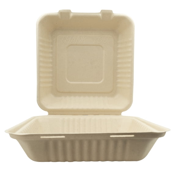 9x9x3 Compostable Fiber Molded/Bagasse Take out Container, Hinged, Unbleached, 200 CT