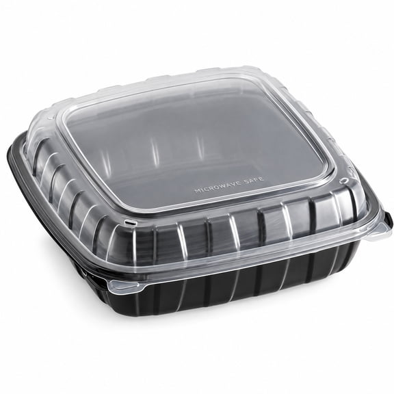 9x9x3 Inch Black and Clear Plastic Hinged Container, Microwavable 1-Compartment Square Clamshell, BPA Free, 100 Count Case