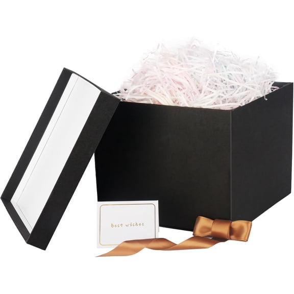 9x9x7.5 Inches Medium Gift Box with Lid,Black Gift Boxes for presents with Ribbon,Card,Shredded Paper for Birthday,Valentine's Day,Mother's Day,Christmas,Anniversaries.
