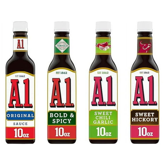 A. 1. Steak Sauce 10 Ounce Bottle Variety Pack 4 Flavors - Original, Sweet Chili Garlic, Sweet Hickory Smoked, and Bold & Spicy - Bundled by Louisiana Pantry