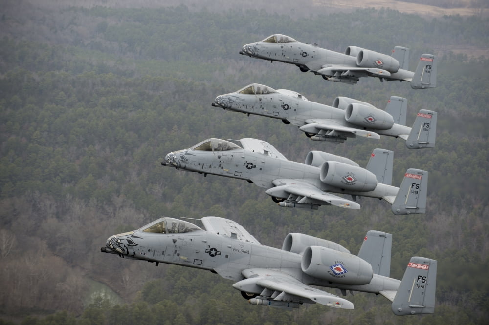 A-10 Thunderbolt IIs flying over Razorback Range Arkansas Canvas Art - Stocktrek Images (34 x 23)
