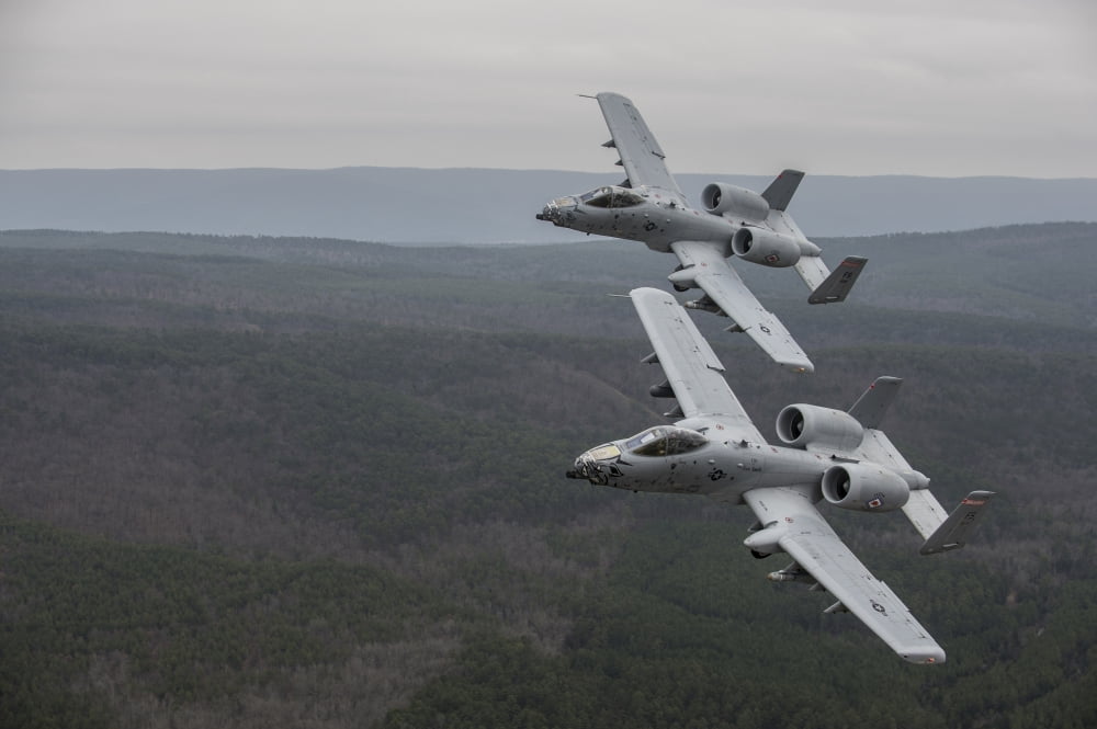 A-10 Thunderbolt IIs flying over Razorback Range Arkansas Canvas Art - Stocktrek Images (34 x 23)