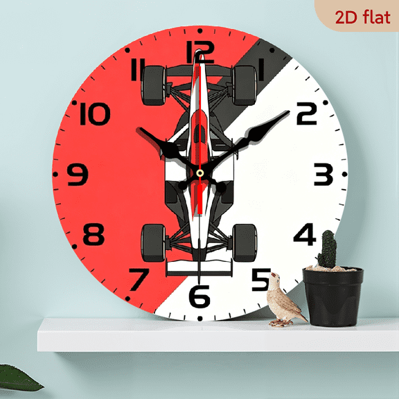 A 10-inch 2D flat wooden round wall clock, themed "Red Racing Car". Perfect for bedroom, living room, office decor. Ideal as a Father's Day gift.