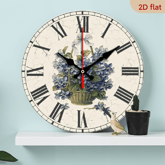 A 10-inch wall-mounted clock featuring a floral countryside theme, with crack texture and Roman numerals, presenting a fresh and gentle style.