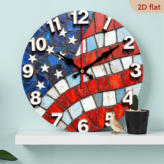 A 10-inch wall-mounted clock, featuring a mosaic of star-spangled fragments, is a combination of national flag elements and retro craftsmanship.