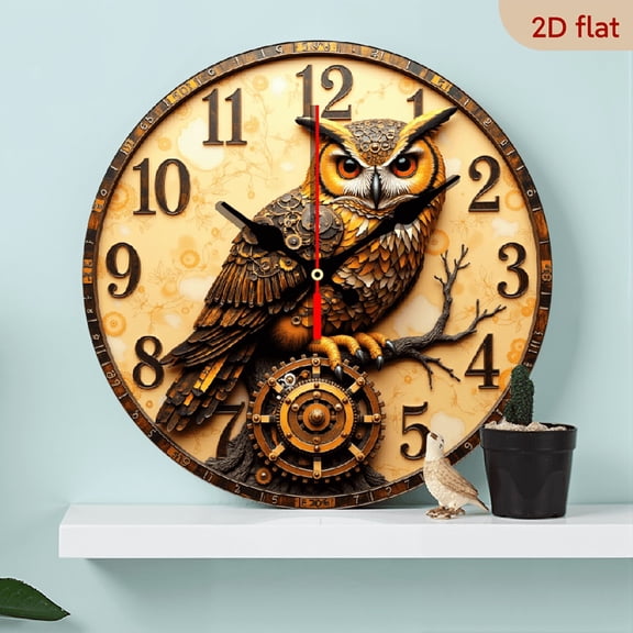 A 10-inch wall-mounted clock, featuring a steampunk owl theme, with gears embedded between the feathers, presenting a retro and fantastical look.
