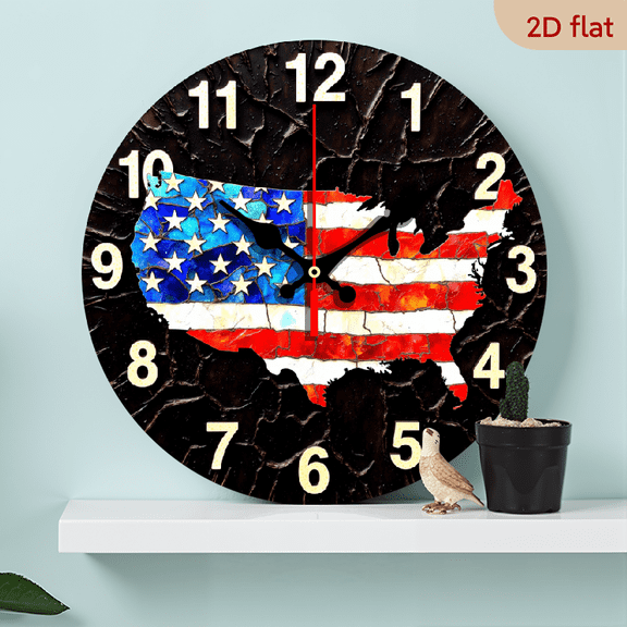 A 10-inch wall-mounted clock featuring the American flag on a map as the theme, with a retro style and symbolic meaning.