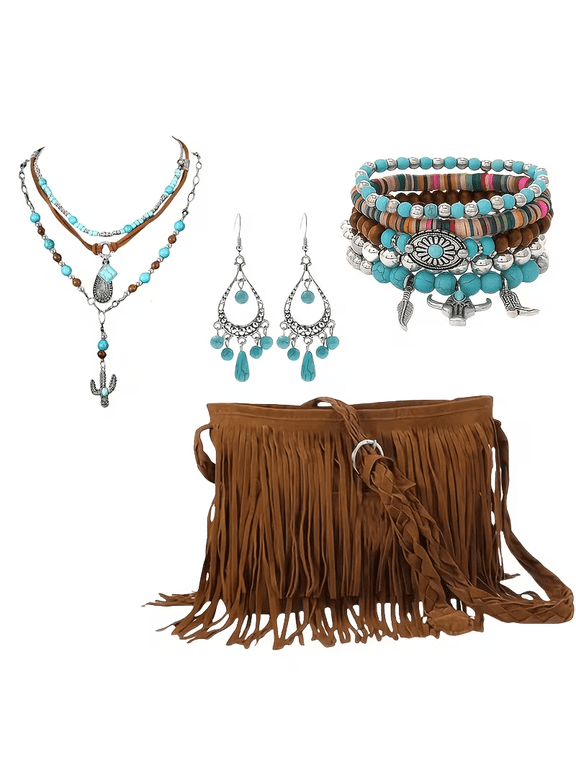 A 10-piece luxurious western-style jewelry gift set for ladies, including a lady's shoulder bag, with imitation turquoise necklaces and bracelets.