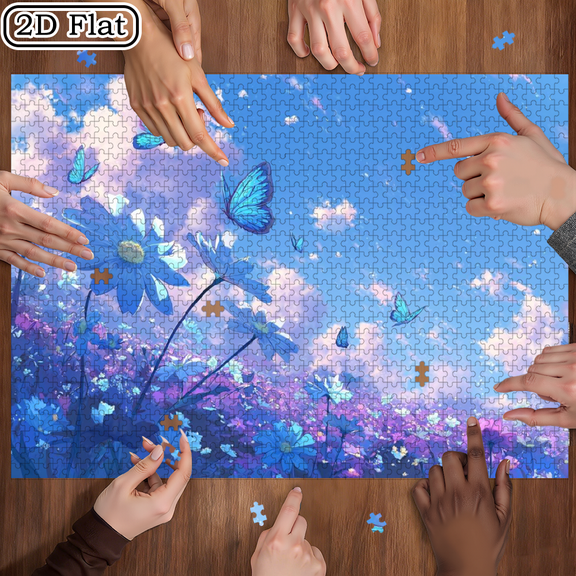 A 1000pcs Mini Puzzle Featuring a Blue Floral Field Design, High Difficulty, Suitable, Family Entertainment, DIY Home Decor. 29.4*19.6 in