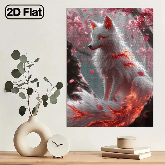 A 1000pcs Puzzle for Adults Featuring a White Fox in a Cherry Blossom Forest Illuminated by Red Lights And Surrounded by Falling Petals.29.4*19.6 in