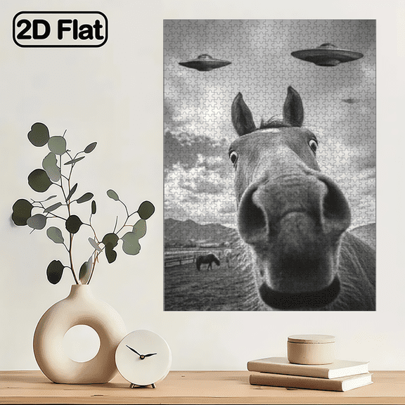 A 1000pcs Puzzle for Featuring a Horse Gazing at The Sky with Two Glowing Ufos. This Brain-Teaser Offers Vibrant Illustrations. 29.4*19.6in