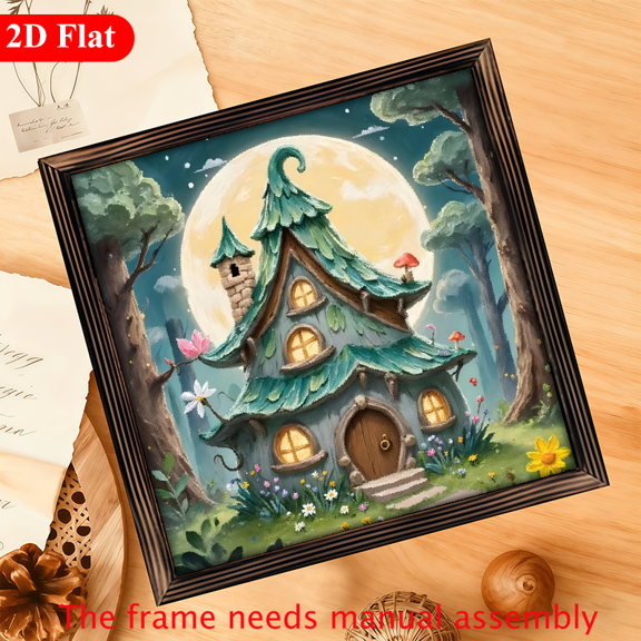 A 12*12-inch wooden frame painting - Night View of the Fairy Tale Treehouse. It can be used as a home decoration item or as a wonderful gift.