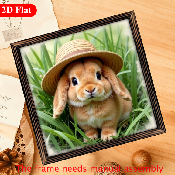 A 12*12-inch wooden framed painting - A rabbit in the grass wearing a straw hat. It is a home decoration item and also a great gift choice.