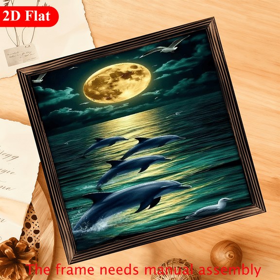 A 12*12-inch wooden framed painting - Dolphins playing in the moonlit sea. It can be used as a home decoration item or a great gift.