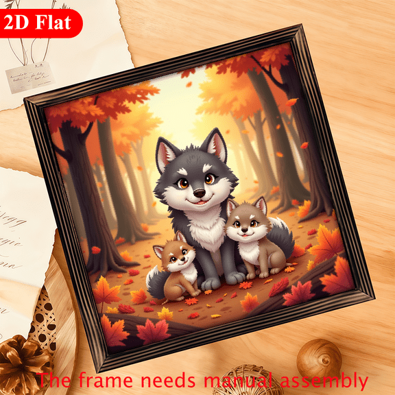 A 12*12-inch wooden framed painting - a cozy family of wolves. It can be used as a home decoration item or as a wonderful gift.