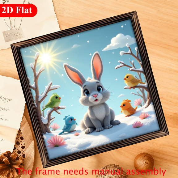 A 12*12-inch wooden framed painting - a cute rabbit. It can be used as a home decoration item or as a great gift.