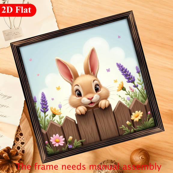 A 12*12-inch wooden framed painting - a cute rabbit resting on a fence. It can be used as a home decoration item or as a wonderful gift.