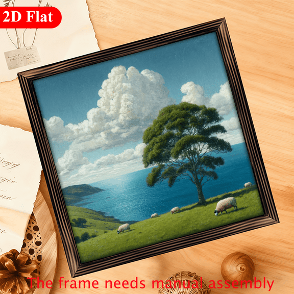 A 12*12-inch wooden framed painting - a herd of sheep grazing on the grassland. It can be used as a home decoration item or as a wonderful gift.