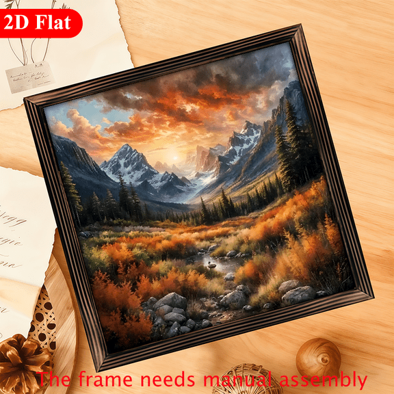 A 12*12-inch wooden framed painting - a magnificent mountain sunset. It can be used as a home decoration item or as a wonderful gift.