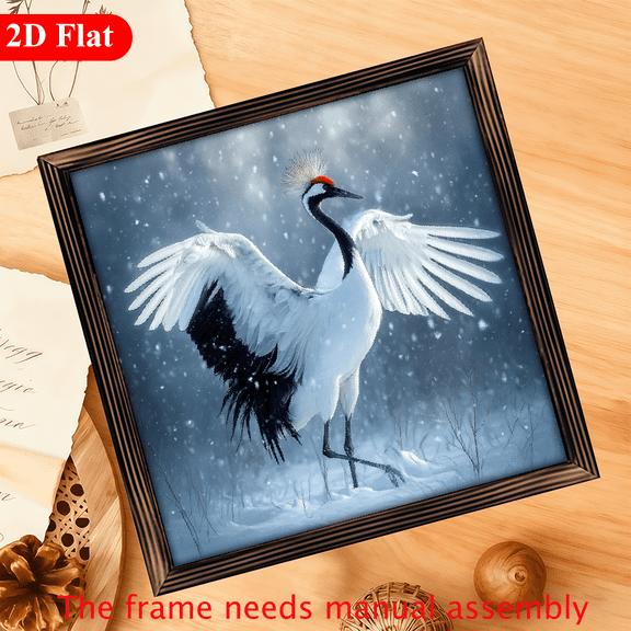 A 12*12-inch wooden framed painting - a majestic crane standing in the snow. It can be used as a home decoration item or as a wonderful gift.