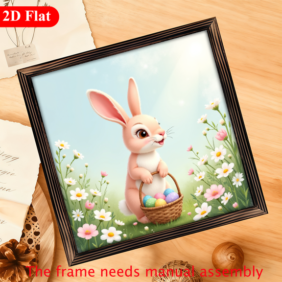 A 12*12-inch wooden framed painting - a pink rabbit holding a basket. It is a home decoration item and also a great gift choice.