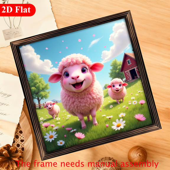 A 12*12-inch wooden framed painting - a soft pink sheep. It can be used as a home decoration item or as a wonderful gift.