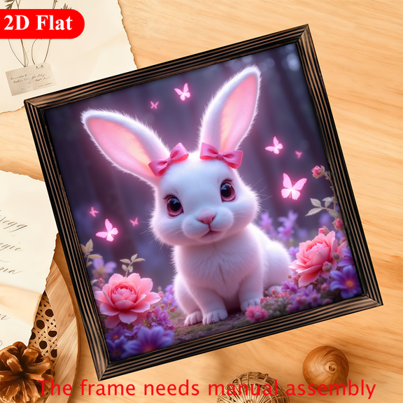 A 12*12-inch wooden framed painting - a white rabbit with a bow. It is a home decoration item and also a great gift choice.