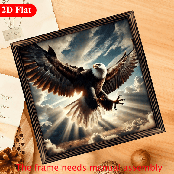 A 12*12-inch wooden framed painting - an eagle soaring in the sky. It can be used as a home decoration item or as a wonderful gift.