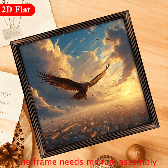 A 12*12-inch wooden framed painting - an eagle soaring in the sky. It can be used as a home decoration item or as a wonderful gift.