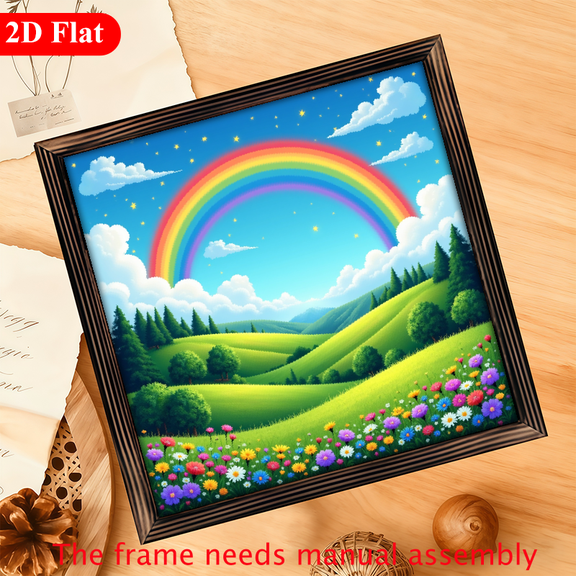 A 12*12-inch wooden framed painting, featuring a dreamy rainbow in the picture.