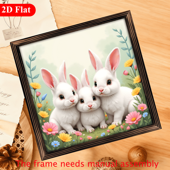 A 12*12-inch wooden framed painting - lovely flower-filled white rabbit. It is a great home decoration item and also an excellent gift choice.