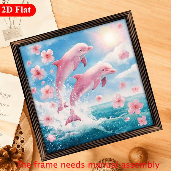 A 12*12-inch wooden framed painting - pink leaping dolphins. It can be used as a home decoration item or a great gift.
