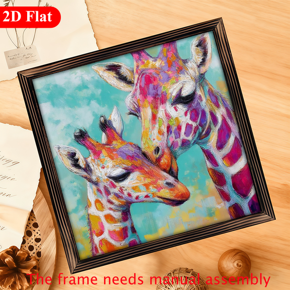 A 12*12-inch wooden framed painting - two colorful giraffes. It can be used as a home decoration item or as a great gift.