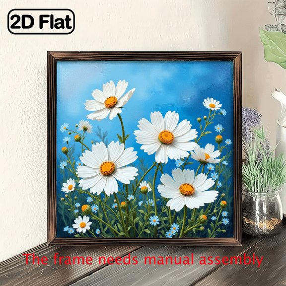 A 12*12-inch wooden framed painting, with white small flowers depicted in it.