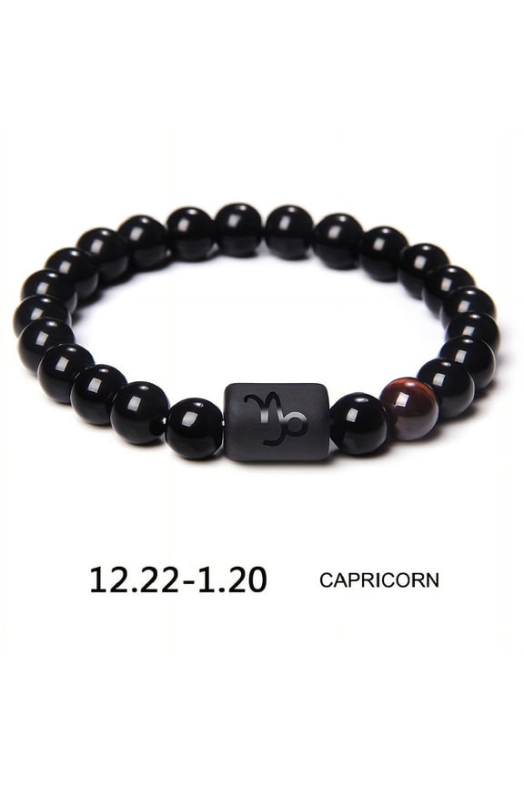 A 12 bead bracelets, black stone elastic bracelets, couple bracelets, women's charm bracelets, men's birthday gifts, Leo, Taurus, Capricorn, Libra bracelet,Black,Capricorn