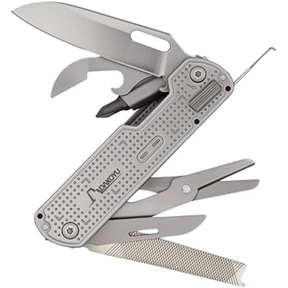 A 12-in-1 D4 multitool with locking blades, scissors, bit driver, and glass breaker, complete with a carrying sheath for EDC.