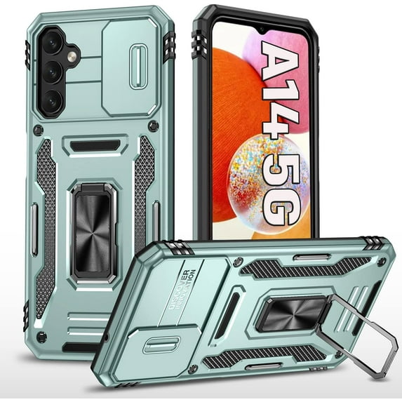 A 14 5G Phone Case for Samsung Galaxy A14 5G Case,with Camera Cover and Stand,Heavy Duty Shockproof Anti-Scratched Phone Case 6.6 inch-Ink Green