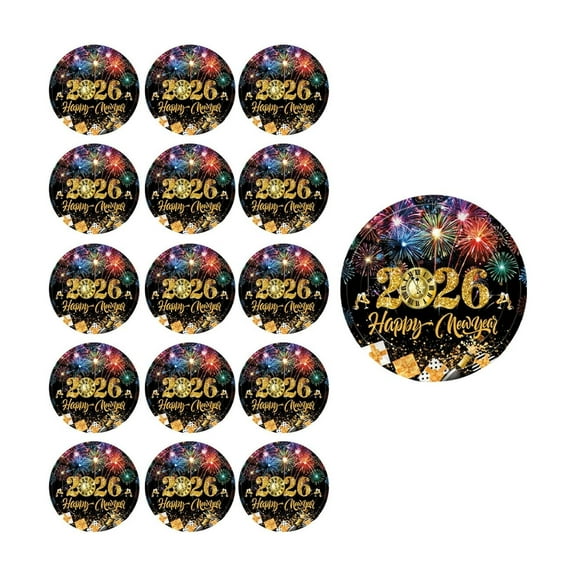 16Pc Black And Gold Happy New Year Theme Disposable Paper Plates 7 Inches for Party Celebration Birthday Wedding Banquet Event A
