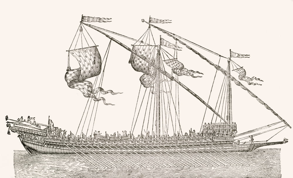 A 16Th Century Galley Ship From El Museo Popular Published Madrid 1889 Canvas Art - Ken Welsh  Design Pics (36 x 22)
