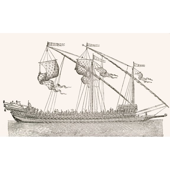 A 16Th Century Galley Ship From El Museo Popular Published Madrid 1889 Canvas Art - Ken Welsh Design Pics (36 x 22)