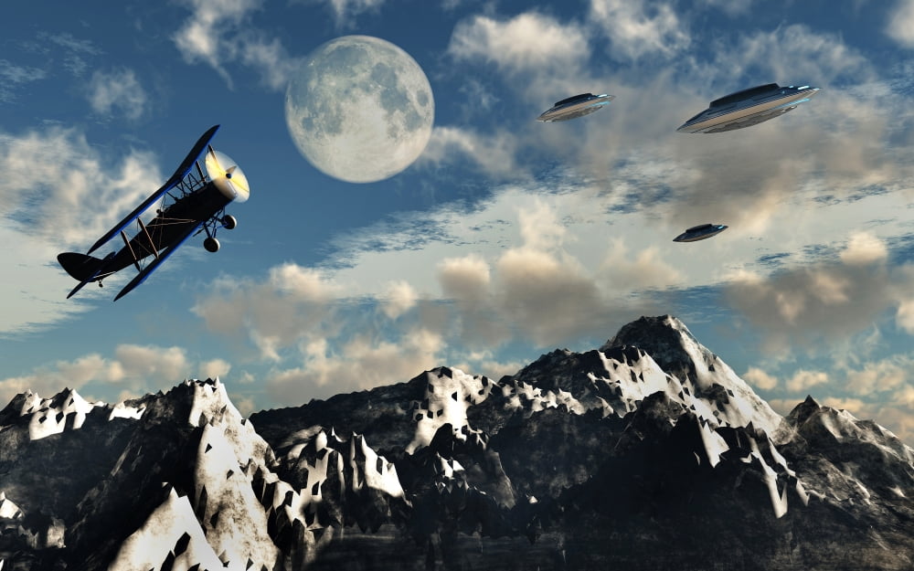 A 1930s DH 82 Tiger Moth biplane encounters a group of UFOs Canvas Art - Mark StevensonStocktrek Images (18 x 12)