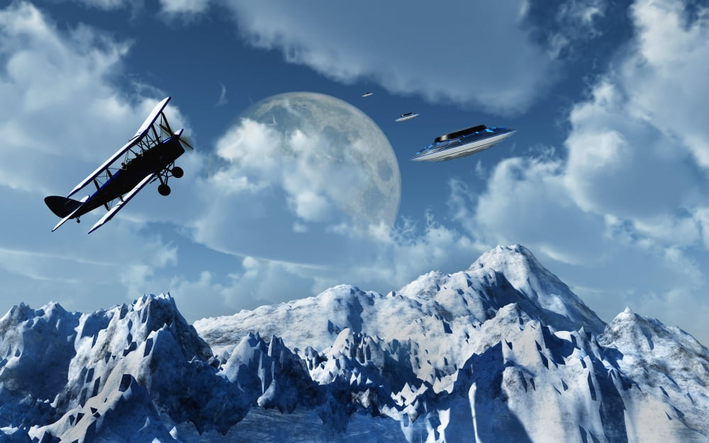 A 1930s DH 82 Tiger Moth biplane encounters a group of UFOs Canvas Art - Mark StevensonStocktrek Images (18 x 12)