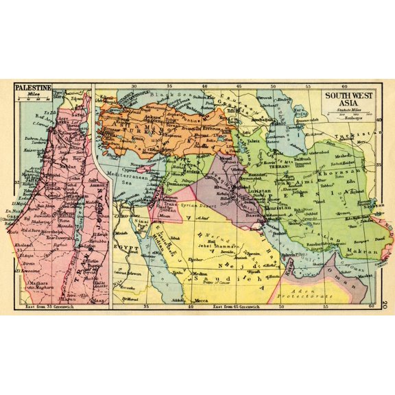 A 1930s map of Palestine  left and south west Asia  right. Poster Print by Hilary Jane Morgan / Design Pics
