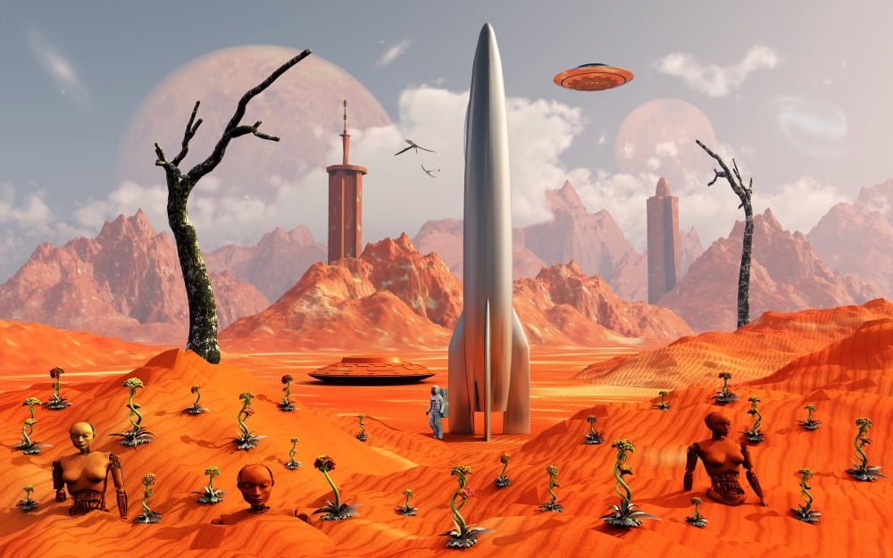 A 1950s style scene showing a rocketship on a red planet Canvas Art - Mark StevensonStocktrek Images (18 x 12)
