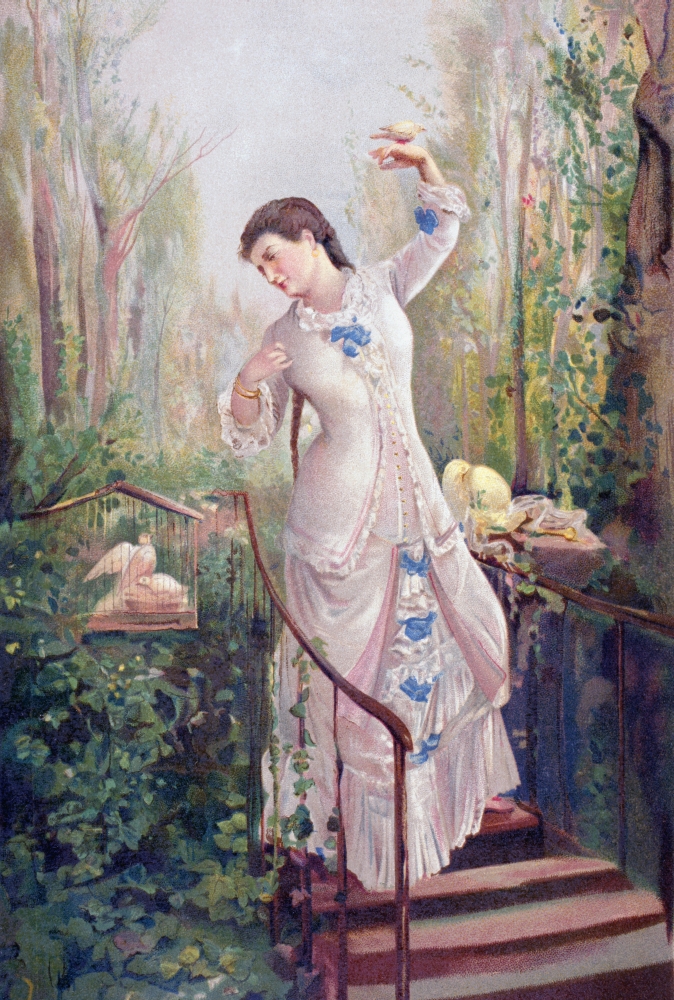 A 19Th Century Woman In A Garden With Turtledoves After The Painting La T Canvas Art - Ken Welsh Design Pics (12 x 18)
