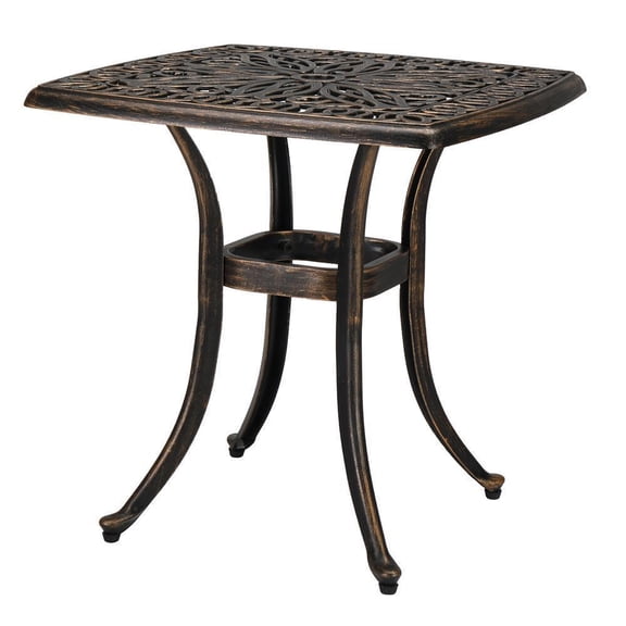 A 21-inch rectangular patio table with umbrella holes, an outdoor cast aluminum bar table, black edges with bronze trim