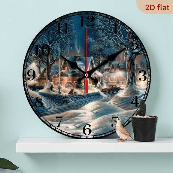 A 2D flat "Snowy Night Log Cabin" modern home art piece, an ideal choice for Christmas, New Year and birthday gifts