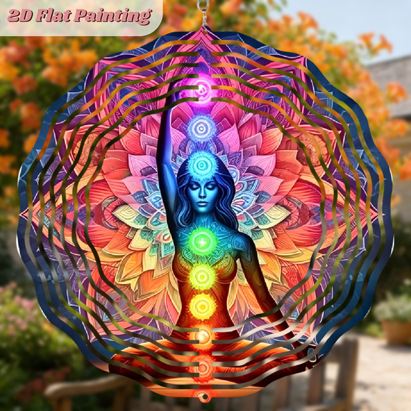 A 2D flat circular "Chakra Woman" iron wind chime. Beautiful hanging ornaments that can be hung freely. The size is 10 * 10 inches.