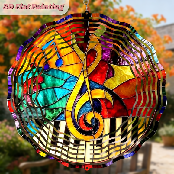 A 2D flat circular "Colorful Musical Note" iron wind chime. A beautiful hanging ornament that can be hung freely. The size is 10 * 10 inches.
